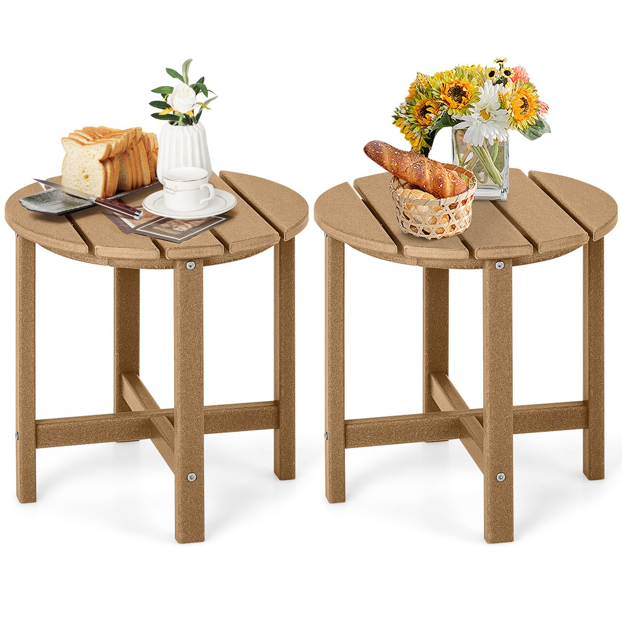 18 Inch Set of 2 Round Outdoor Adirondack Side Tables with Slatted Design and X-Shaped Structure